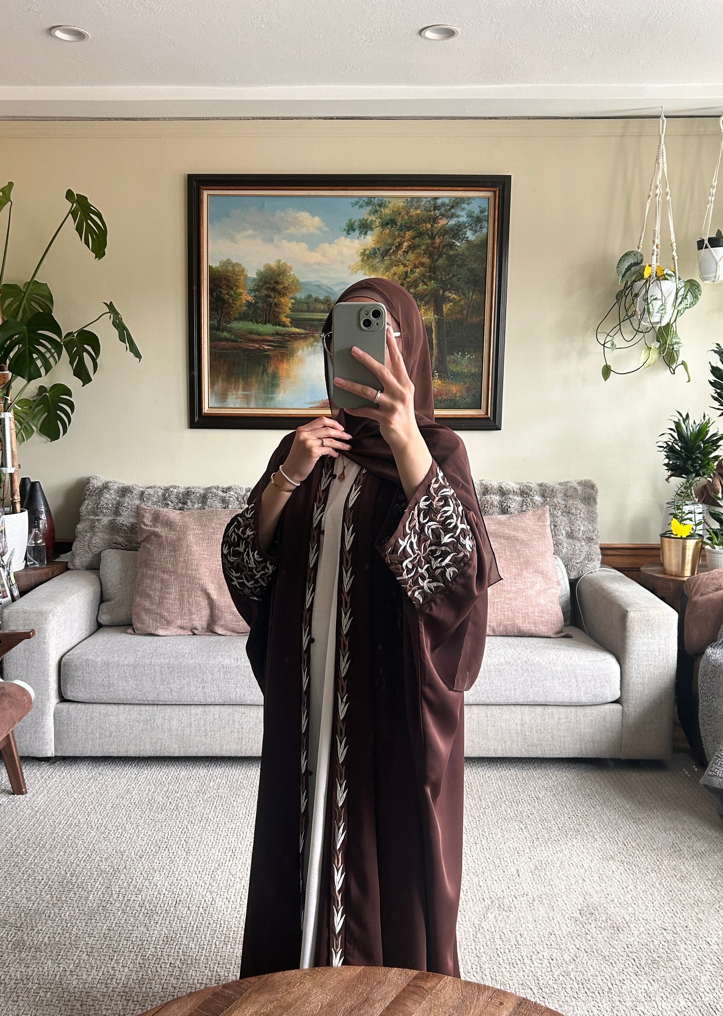Embroidered chocolate brown Abaya, elegant modest clothing for women.
