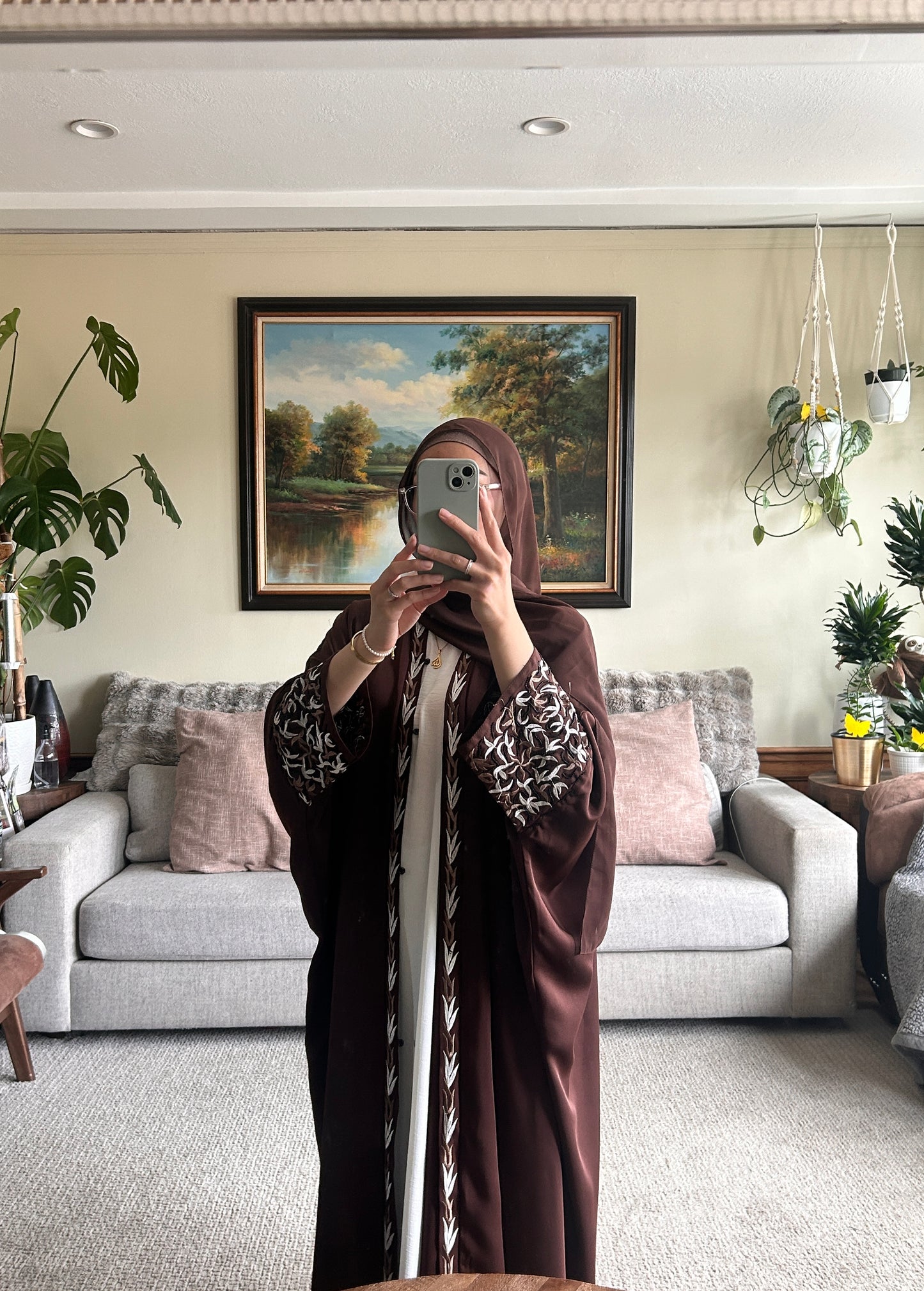 Embroidered chocolate brown Abaya, elegant modest clothing for women.