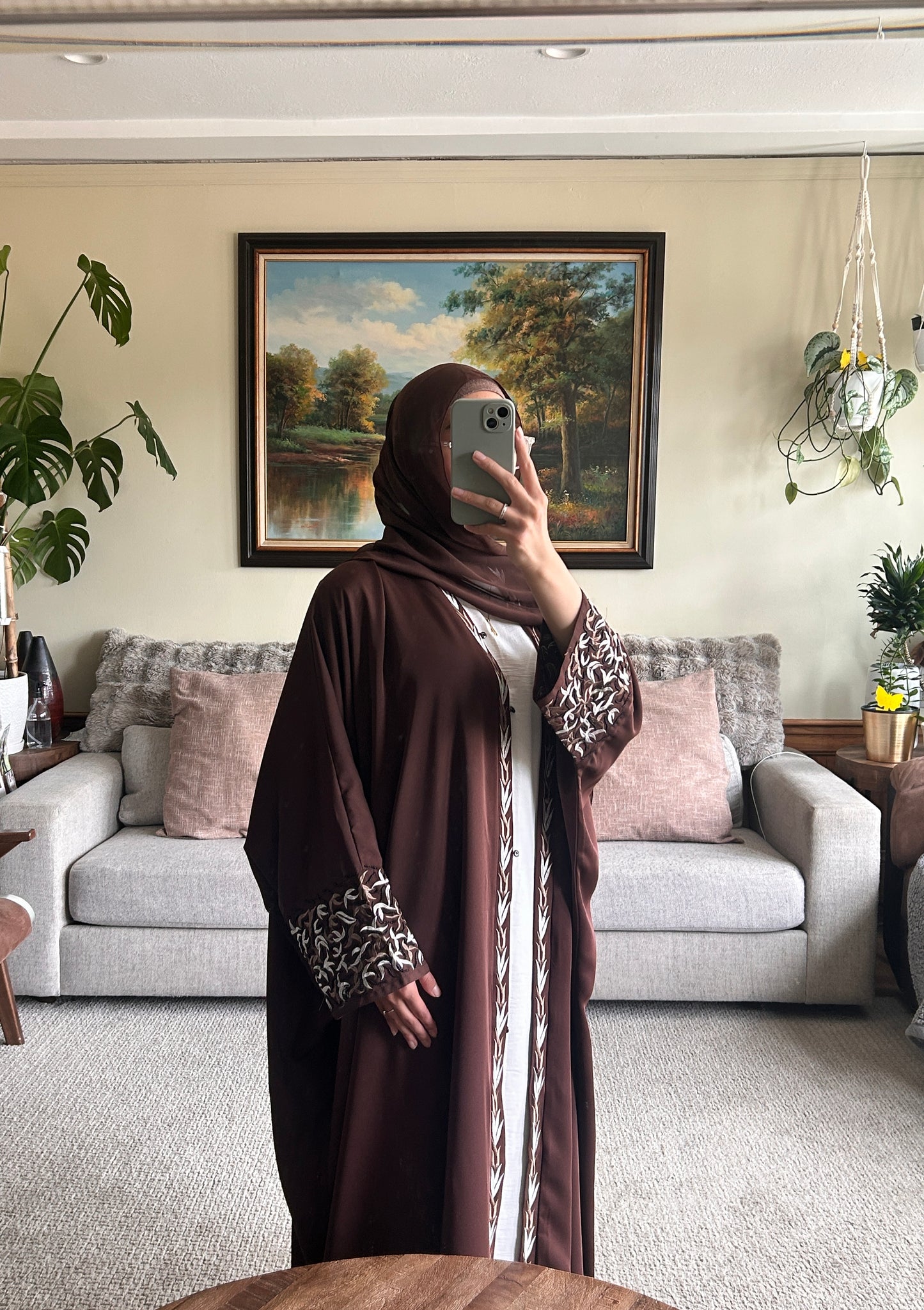 Embroidered chocolate brown Abaya, elegant modest clothing for women.
