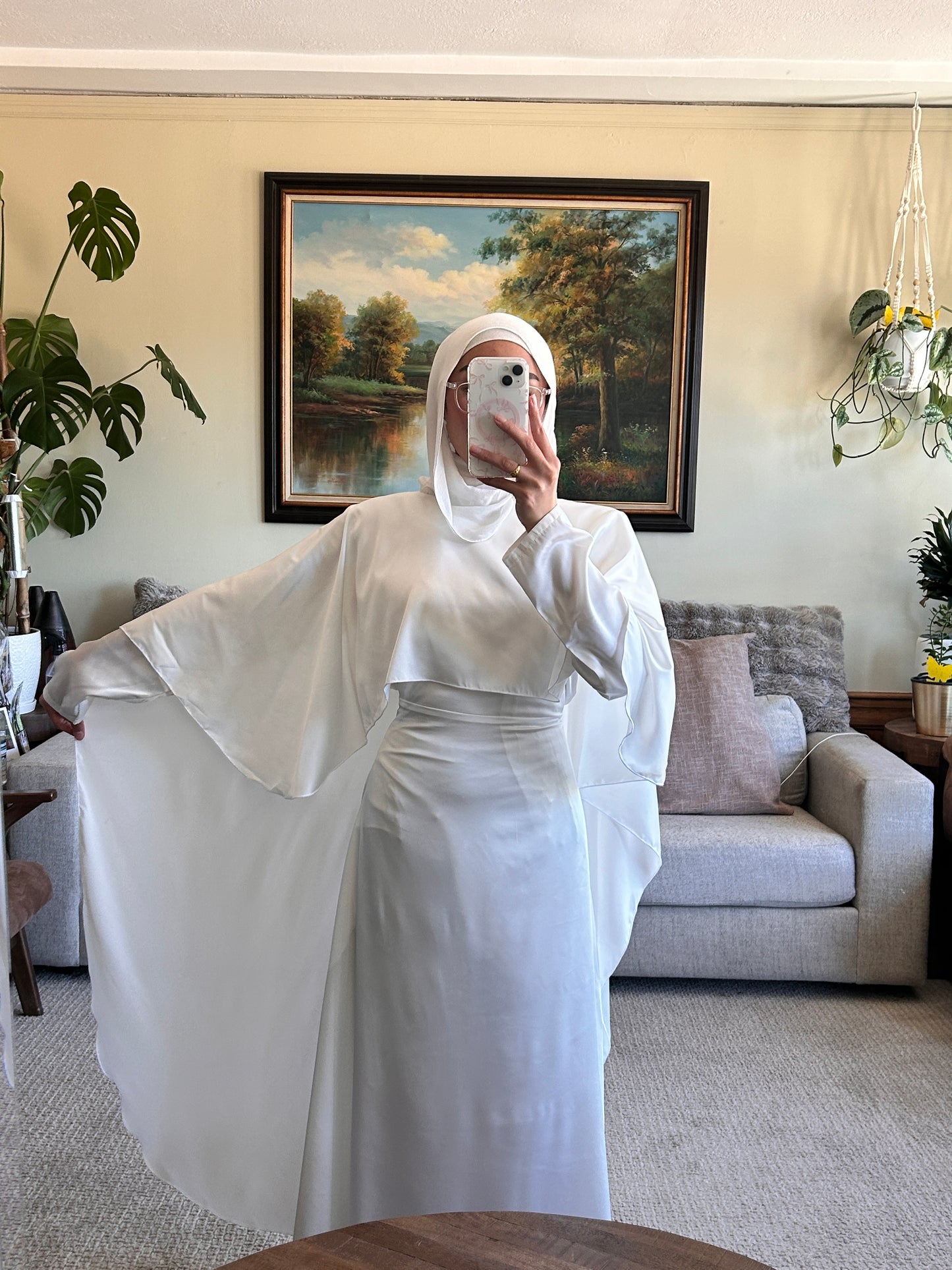 Elegant white satin dress shawl for abaya, perfect for modest clothing and stylish abaya dress ensembles.