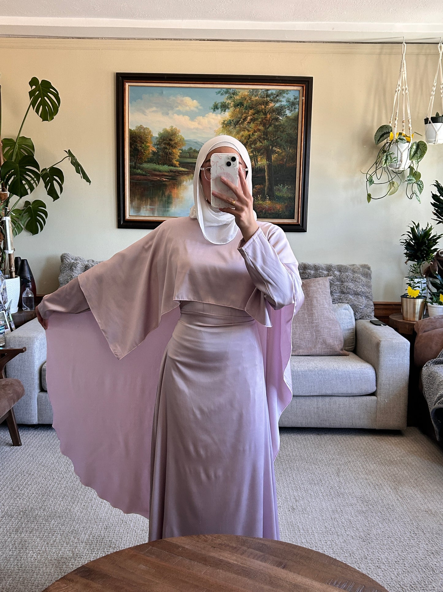 Lilac Satin Dress with Shawl