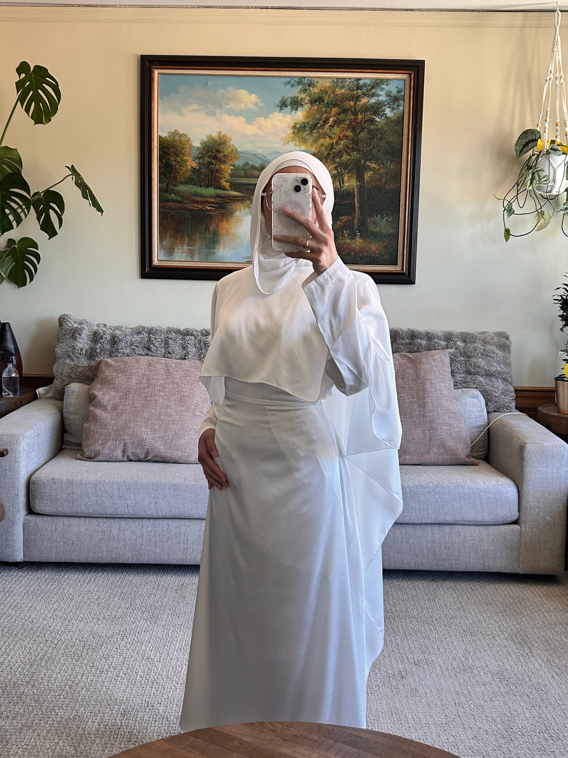 Elegant white satin dress shawl for abaya, perfect for modest clothing and stylish abaya dress ensembles.