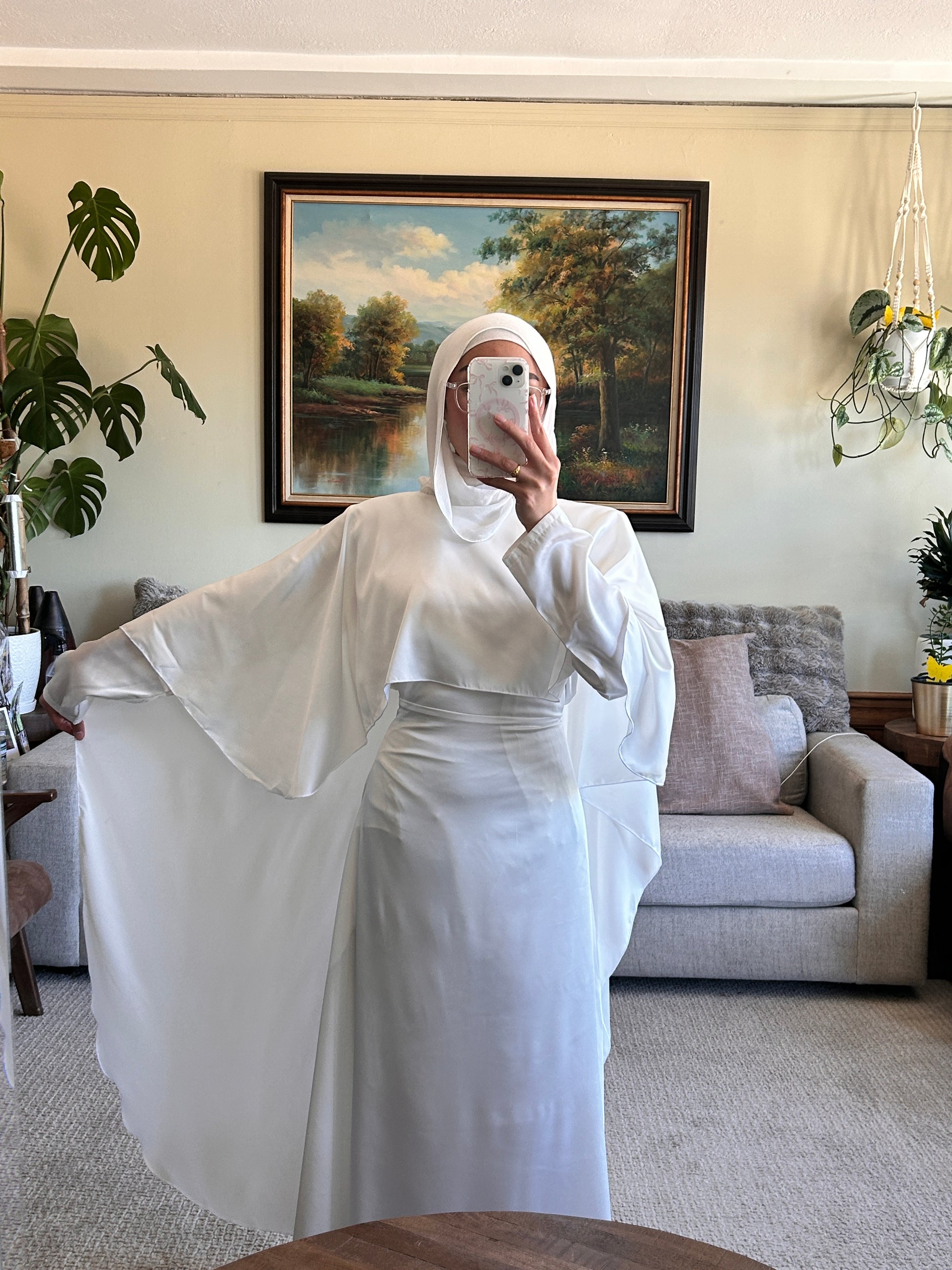 Elegant white satin dress shawl for abaya, perfect for modest clothing and stylish abaya dress ensembles.